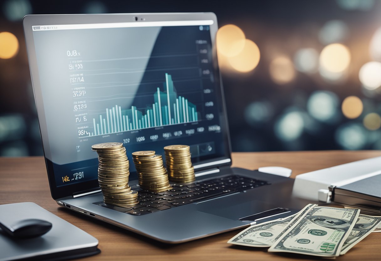 A laptop on a desk with a stack of cash and a graph showing upward growth