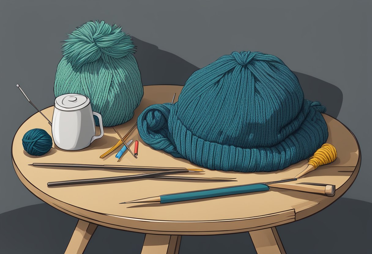 A table with knitting needles, yarn, and a finished beanie