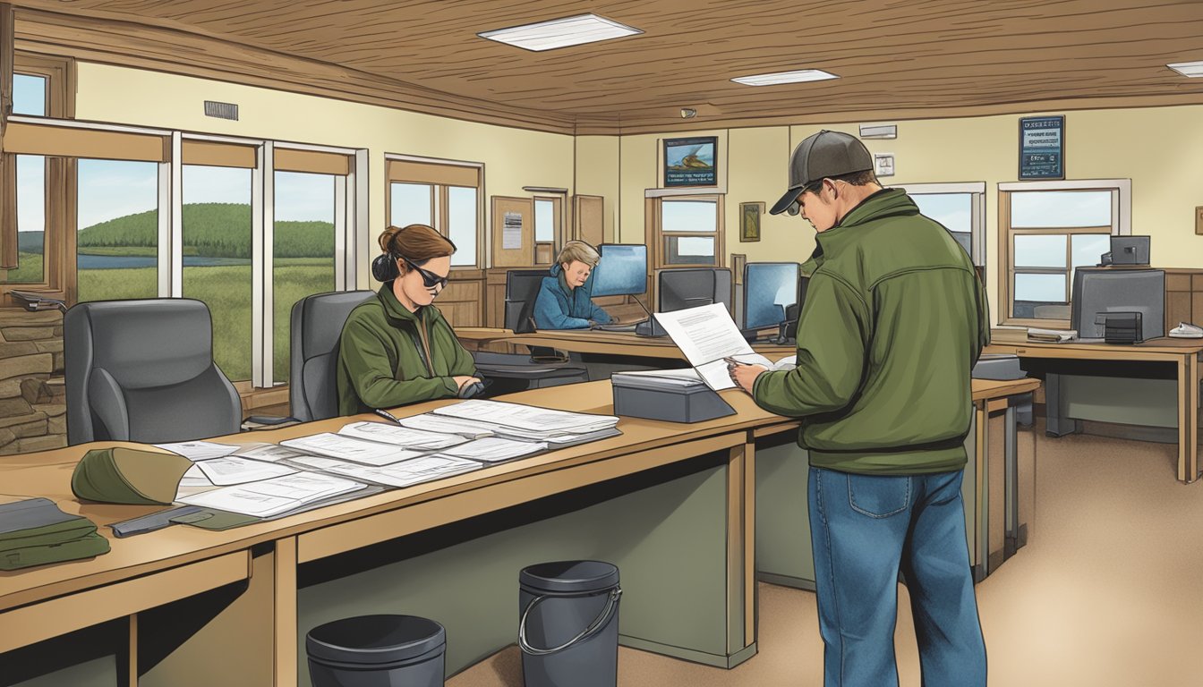 A person filling out a hunting license application at a New Hampshire Fish and Game office