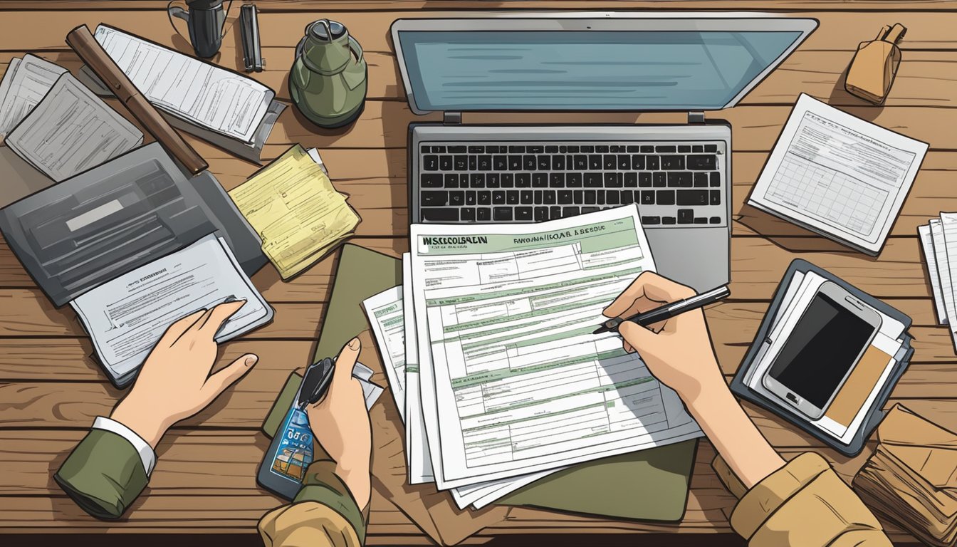 A person filling out a Missouri hunting license application at a wooden desk with a computer and paperwork spread out