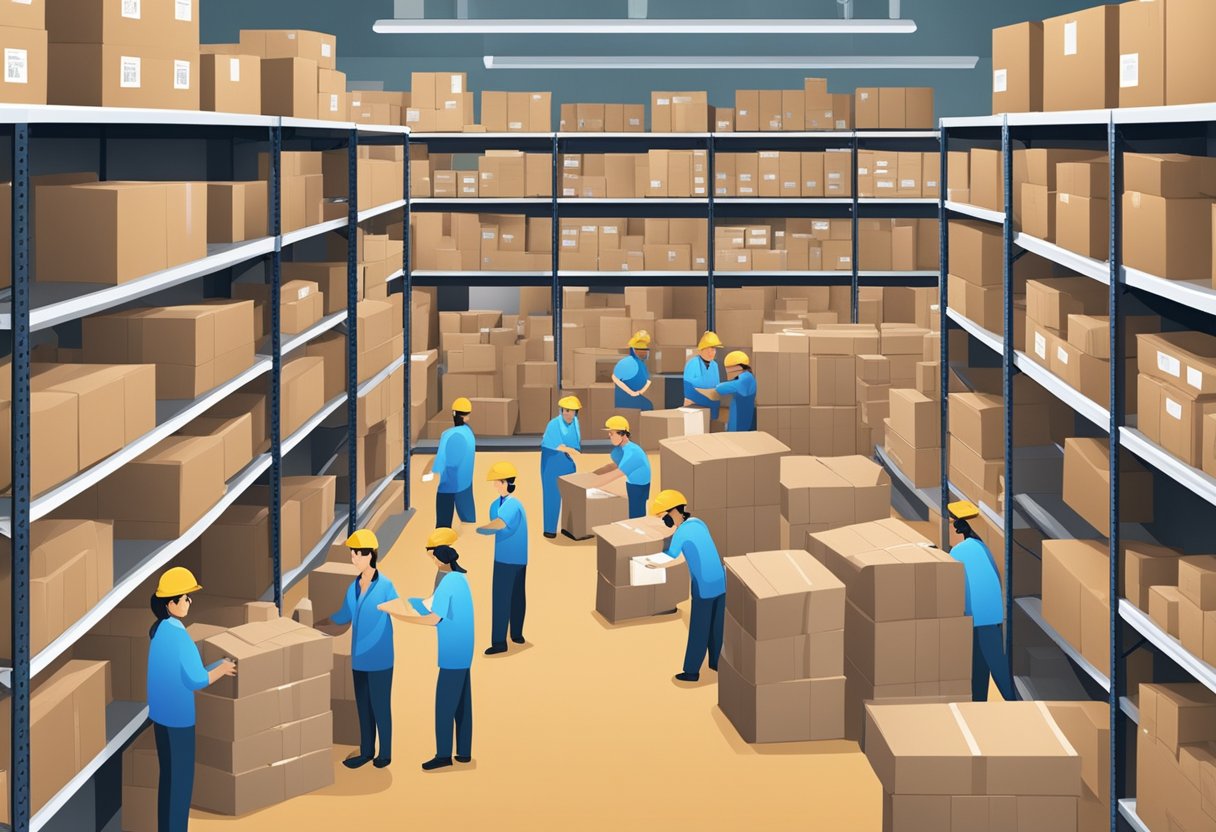 A busy warehouse with shelves of packaged products, shipping labels, and workers preparing orders for shipment