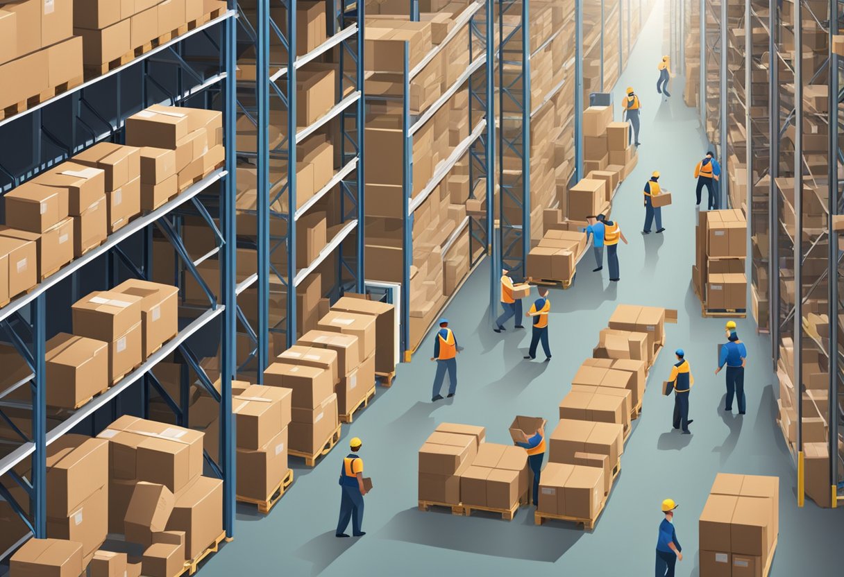 A bustling warehouse with rows of shelves filled with packaged products, ready to be shipped. Workers moving about, loading boxes onto shipping pallets