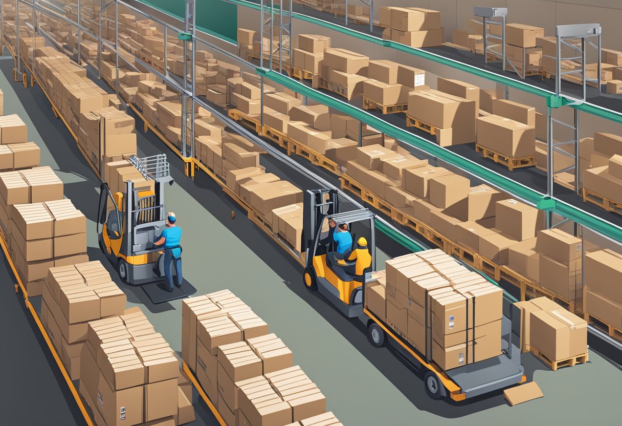 A bustling warehouse with rows of packages being loaded onto shipping trucks, while workers scan and label boxes