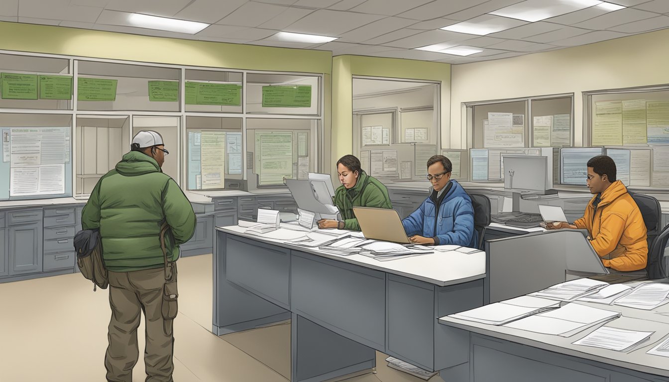 A person filling out a hunting license application at a New Jersey Department of Environmental Protection office