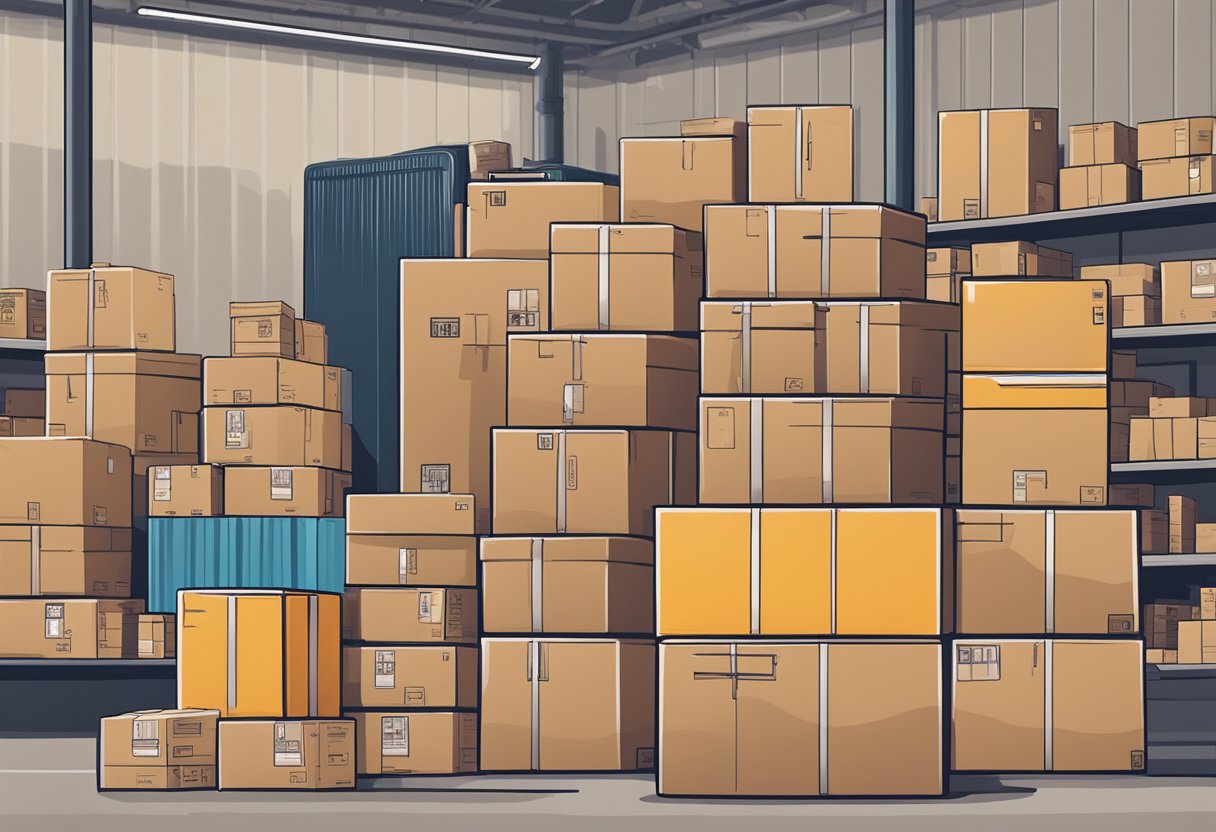 A stack of various products and merchandise arranged on a table, surrounded by shipping boxes and packing materials, ready to be shipped out from a Printify fulfillment center