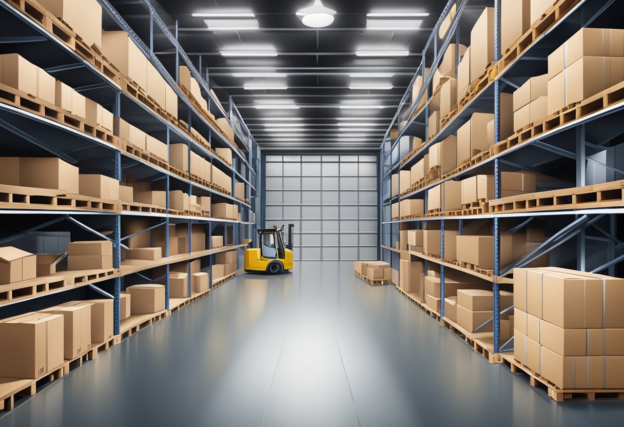 A warehouse with shelves of merchandise, shipping boxes, and a loading dock with delivery trucks