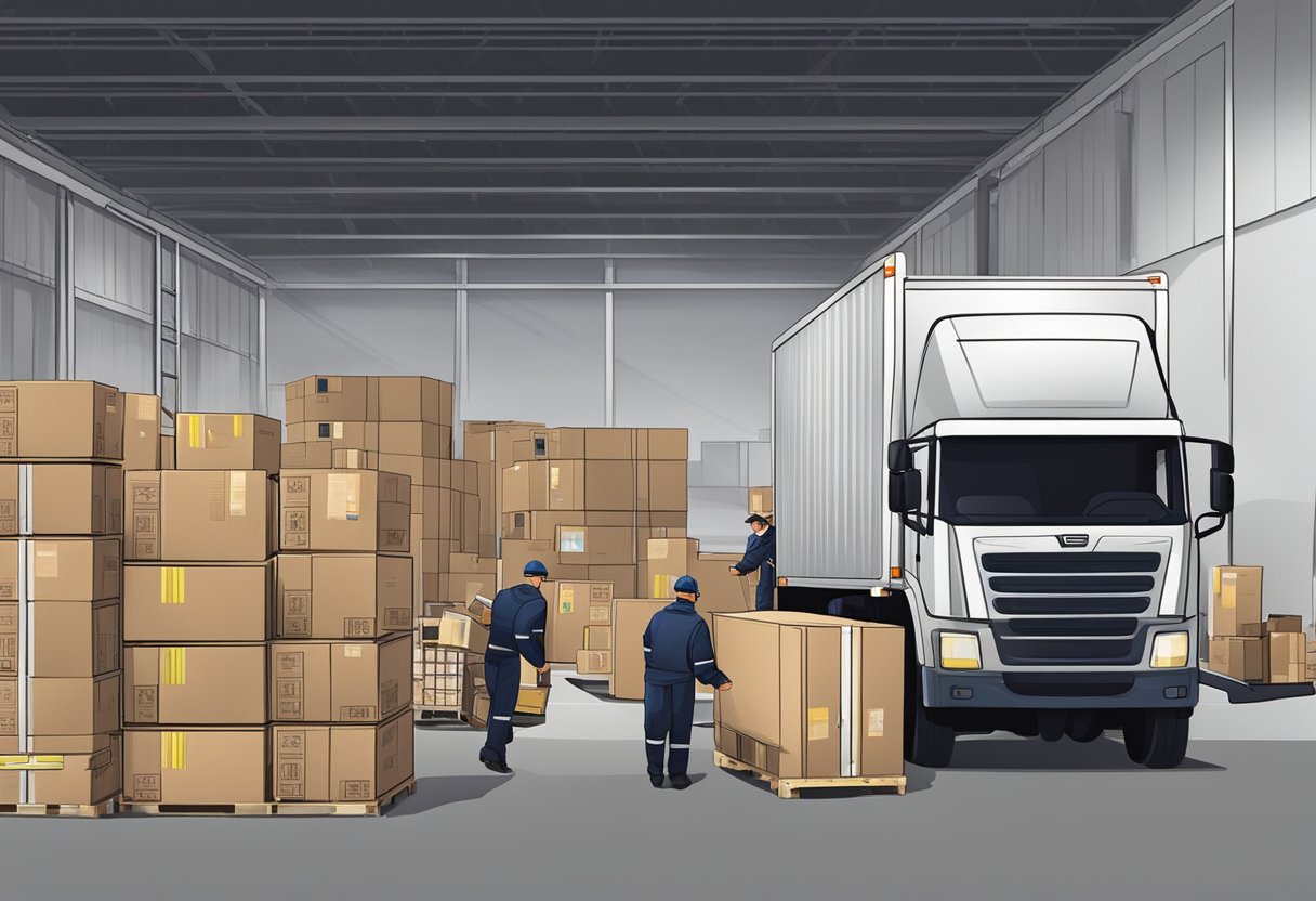 A warehouse with packages being loaded onto a truck, surrounded by shipping and delivery personnel