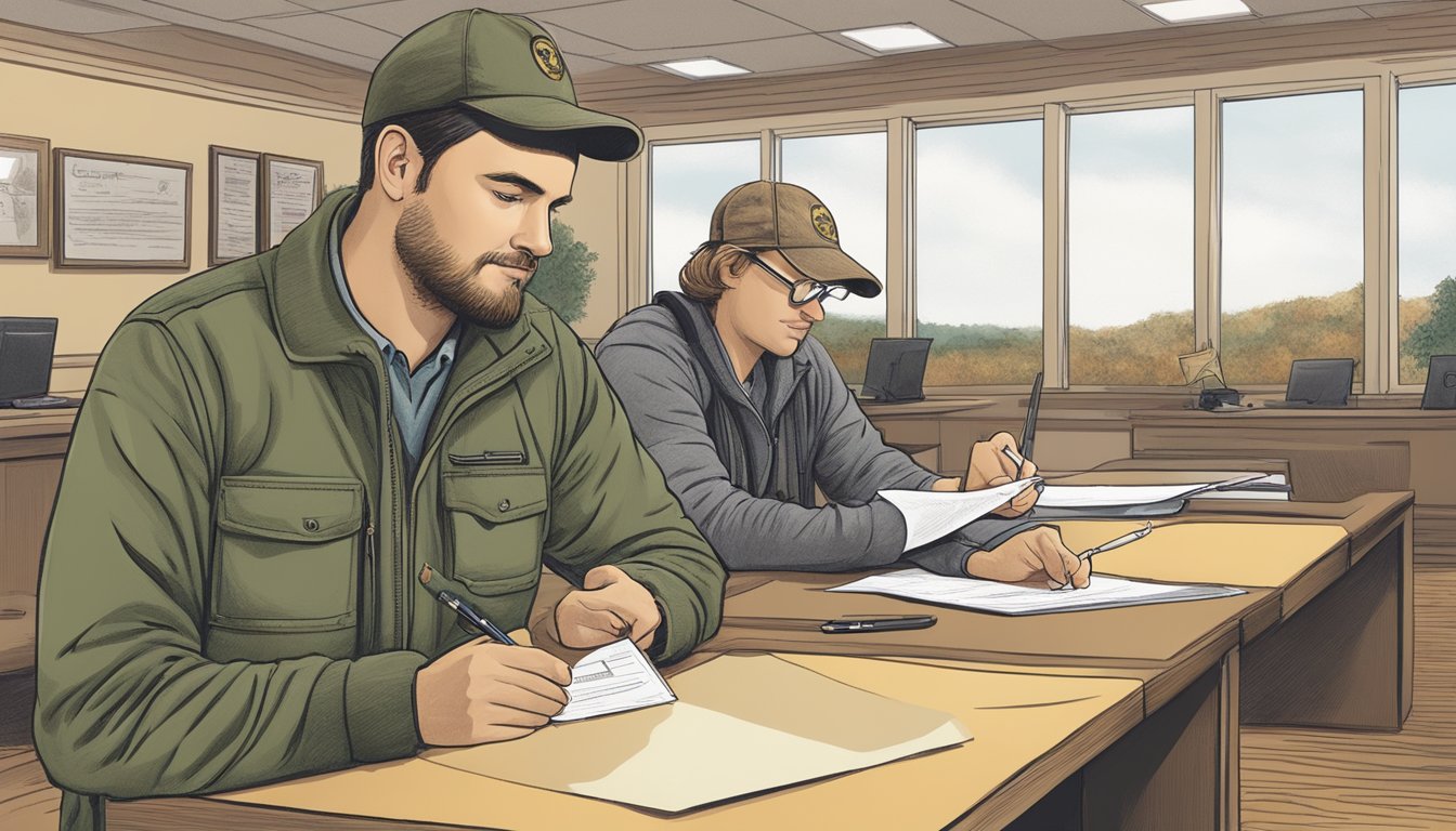 A hunter filling out a hunting license application at a Missouri Department of Conservation office