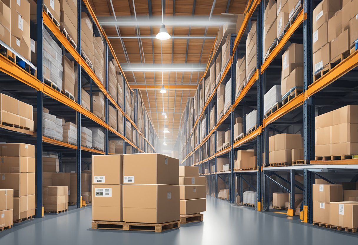 A stack of packages labeled "Printify" in a warehouse, with various shipping labels and markers indicating different destinations