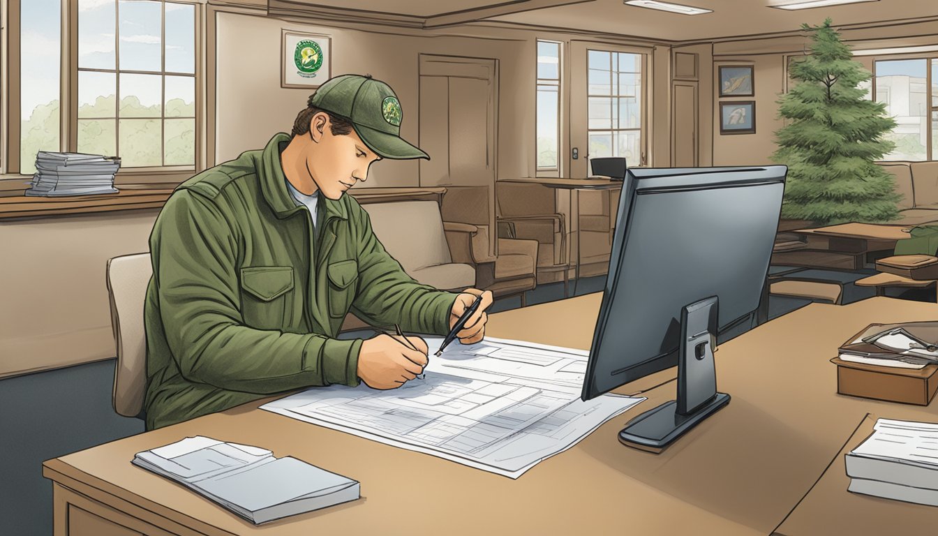 A person filling out a hunting license application at a New York State Department of Environmental Conservation office