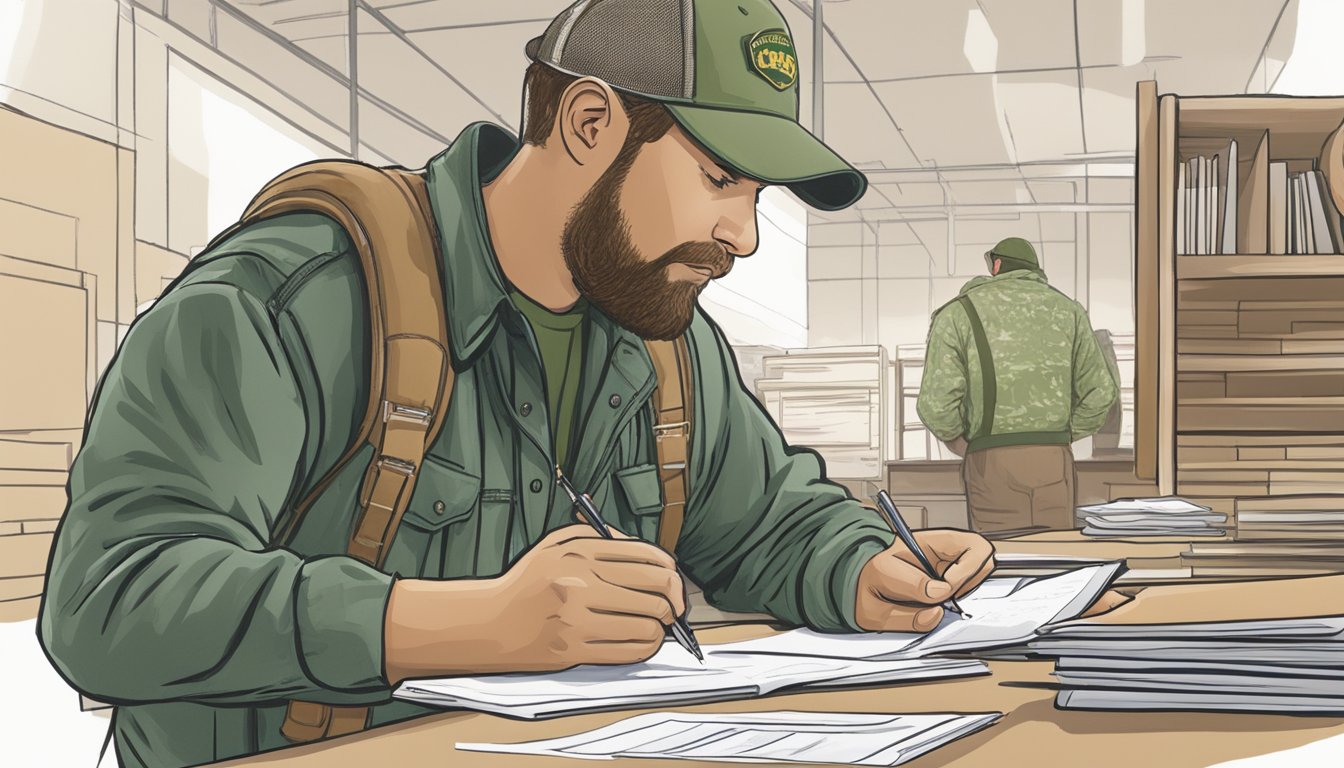 A hunter filling out paperwork at a Missouri Department of Conservation office, with a staff member guiding them through the process