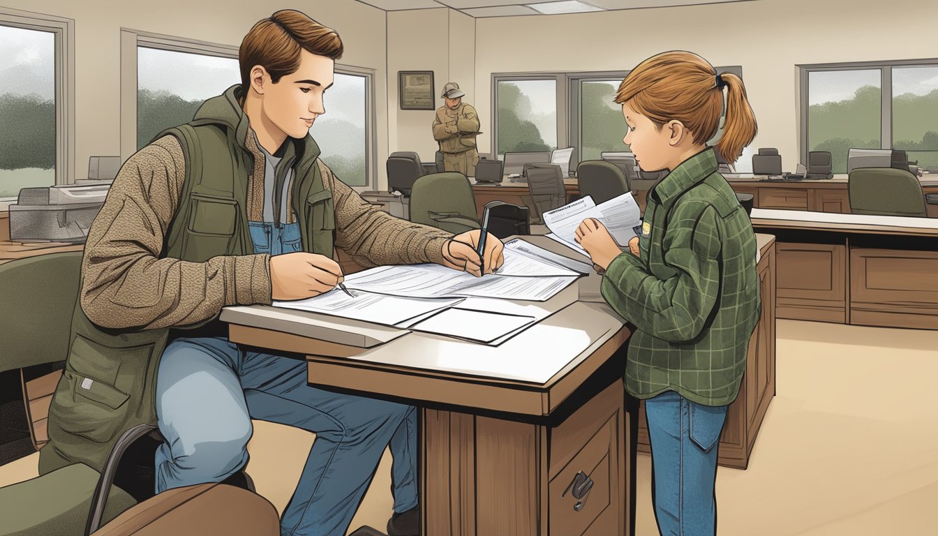 A young hunter filling out a hunting license application at a Missouri Department of Conservation office, with a helpful staff member guiding them through the process