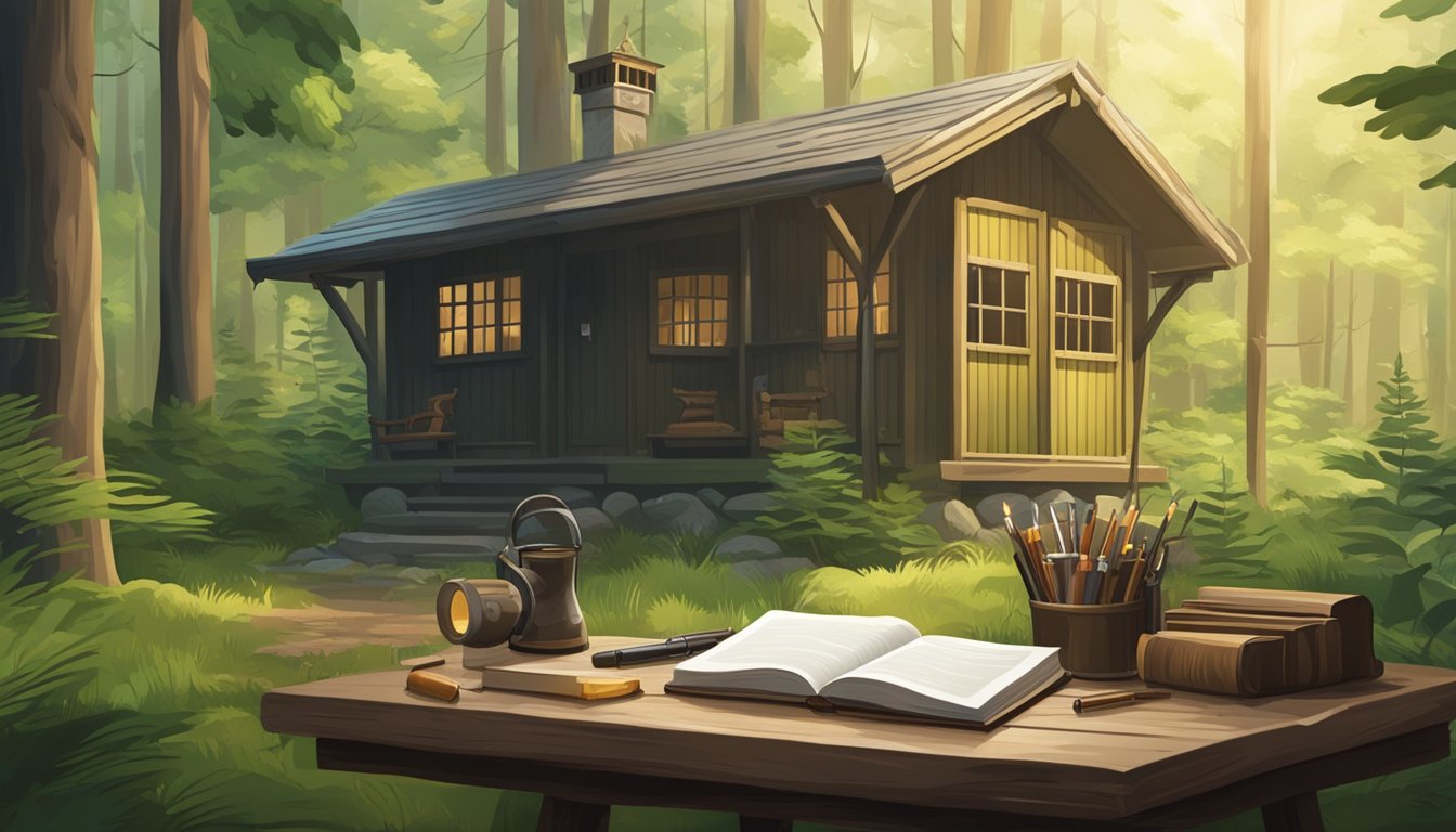 A serene forest clearing with a wooden hunting lodge, surrounded by lush greenery and wildlife. A guide book and hunting license displayed on a table