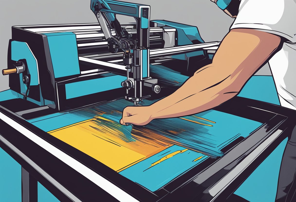 A screen printing machine in action, with vibrant ink being pressed onto a custom t-shirt design