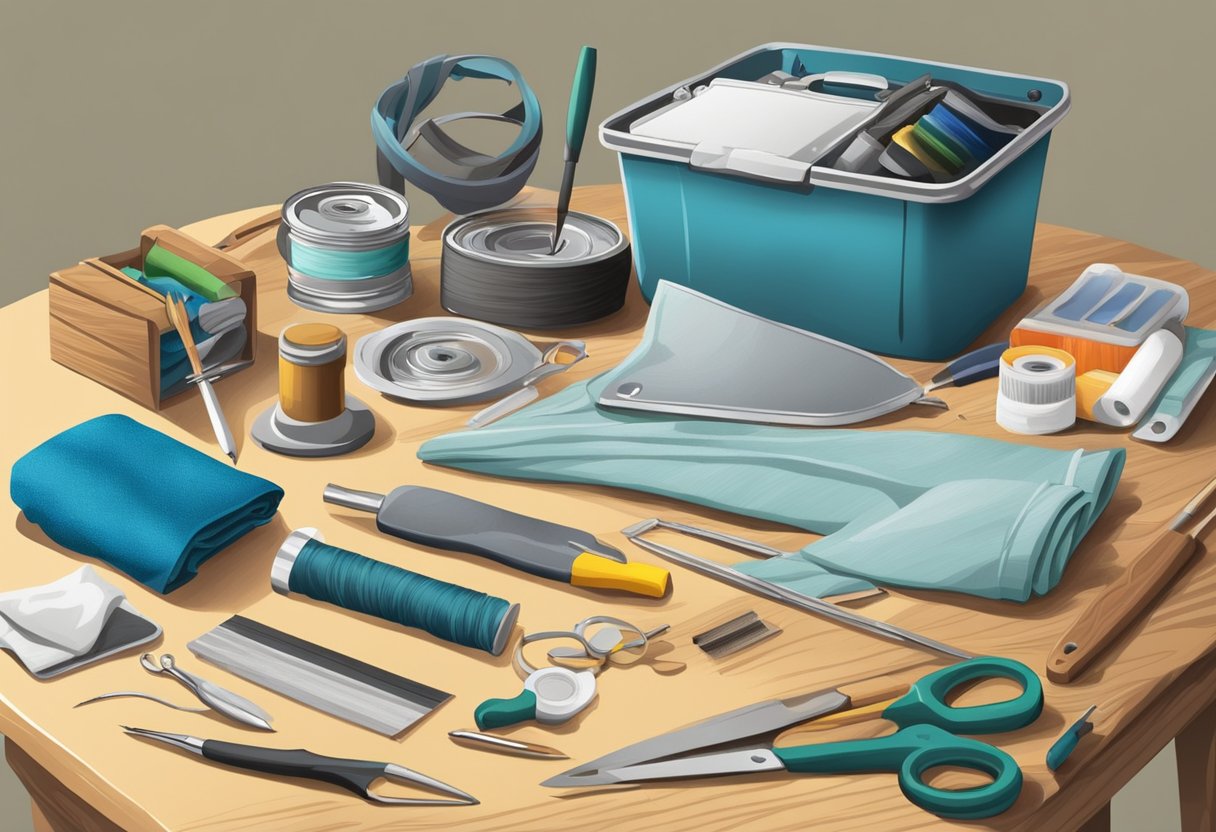 A table with various tools and materials for custom t-shirt maintenance, including fabric paint, brushes, and a sewing kit