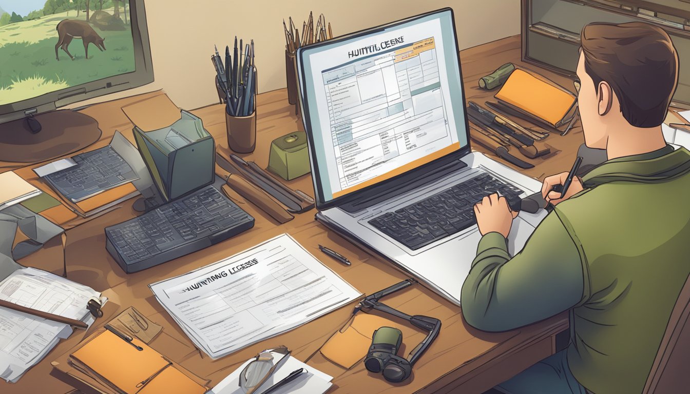 A person filling out a hunting license application form at a desk with a computer and various hunting equipment displayed in the background