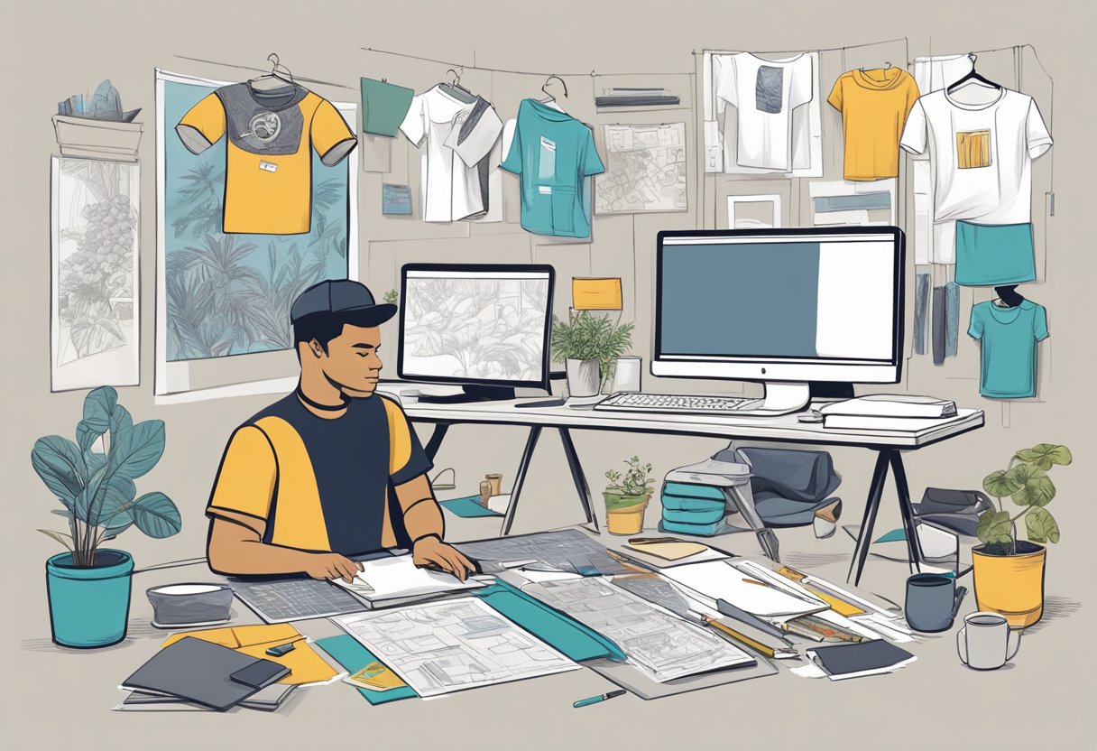 A person using a computer to create custom t-shirt designs, surrounded by sketches, fabric swatches, and design tools