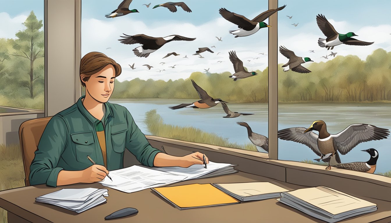 A hunter filling out paperwork at a government office, while a clerk assists with the process. Outside, a group of waterfowl and migratory birds fly overhead