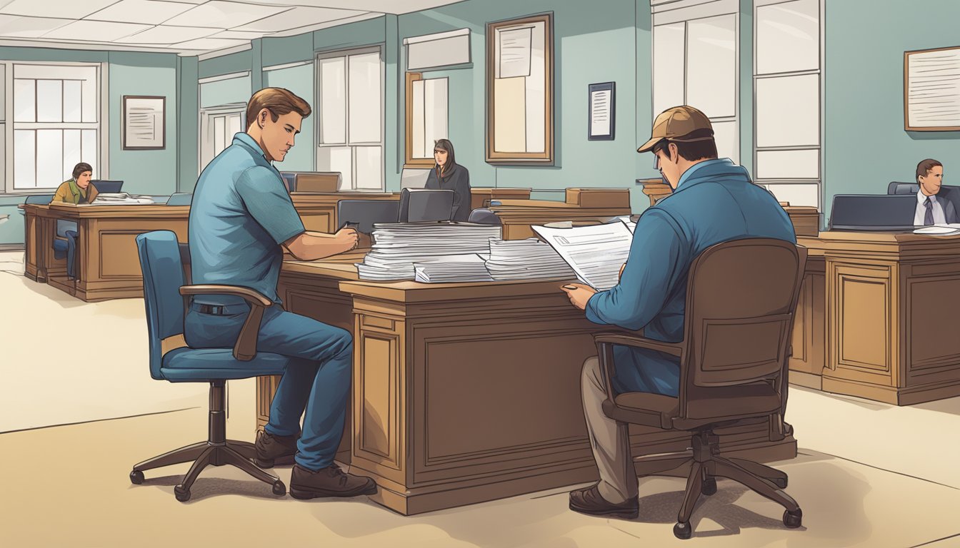 A hunter filling out a form at a government office, with a clerk assisting them