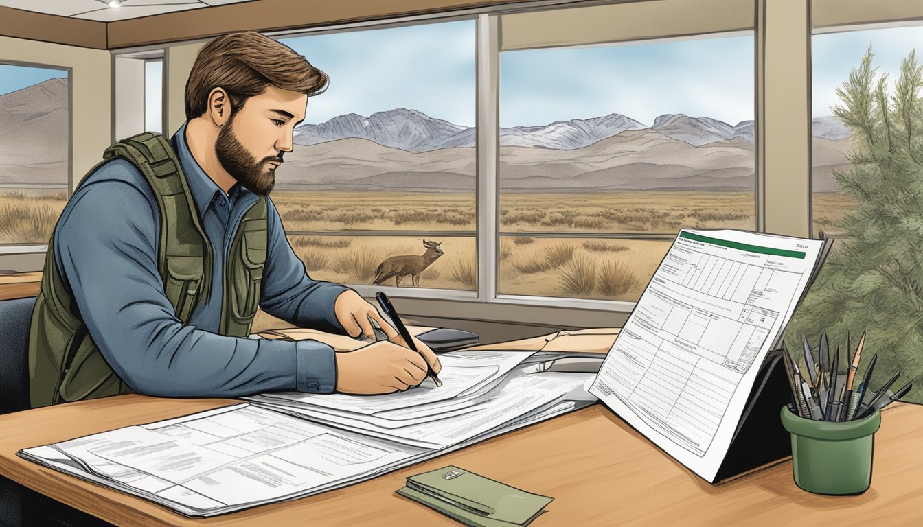 A person filling out a hunting license application at a Nevada Department of Wildlife office