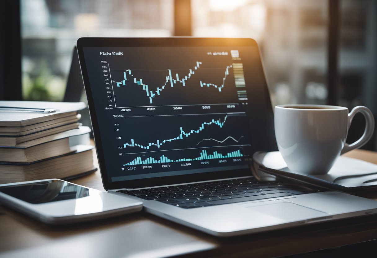 A desk with a laptop, notebook, and pen. A chart showing financial growth. A stack of books on passive income. A cup of coffee