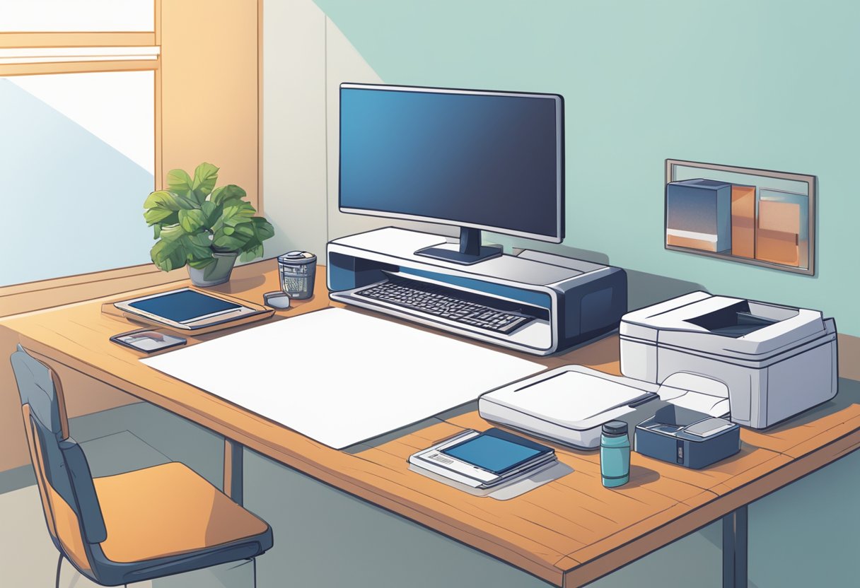 A table with a computer, printer, heat press, and blank t-shirts. Ink and transfer paper are neatly organized nearby