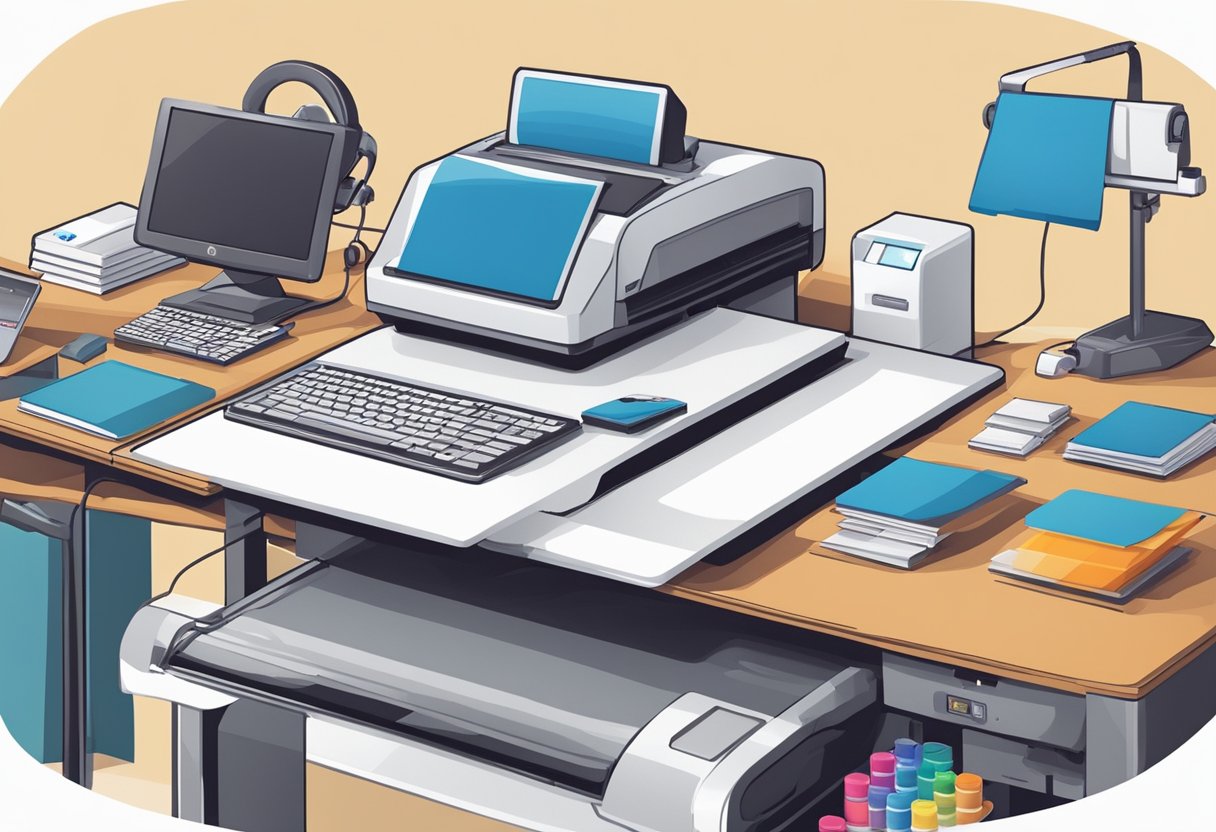 A table with a computer, printer, heat press, and various t-shirt printing materials such as transfer paper, ink, and blank t-shirts