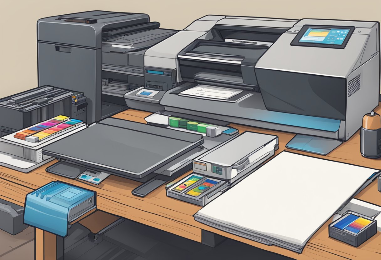 A table with a computer, printer, and heat press. Ink cartridges and transfer paper are stacked nearby