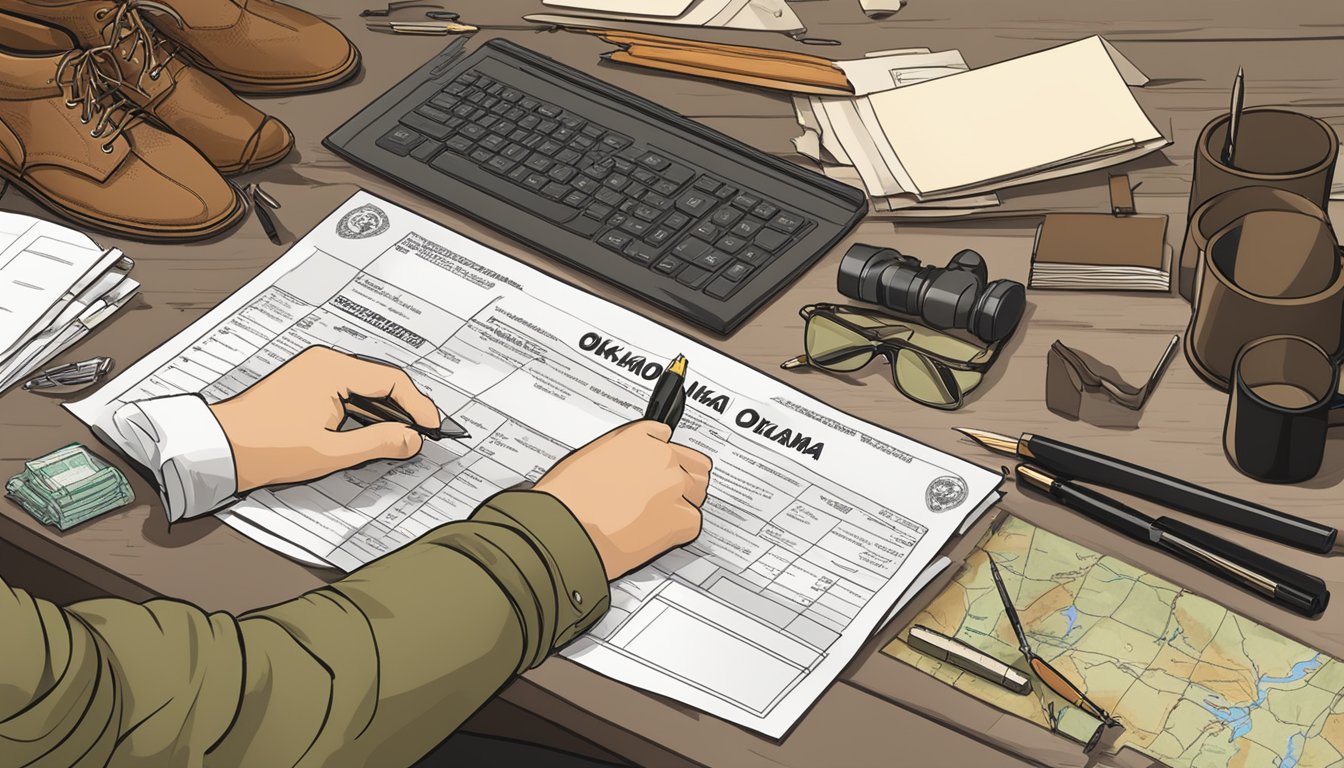 A person filling out a hunting license application at a desk with a pen and paper, surrounded by hunting gear and a map of Oklahoma