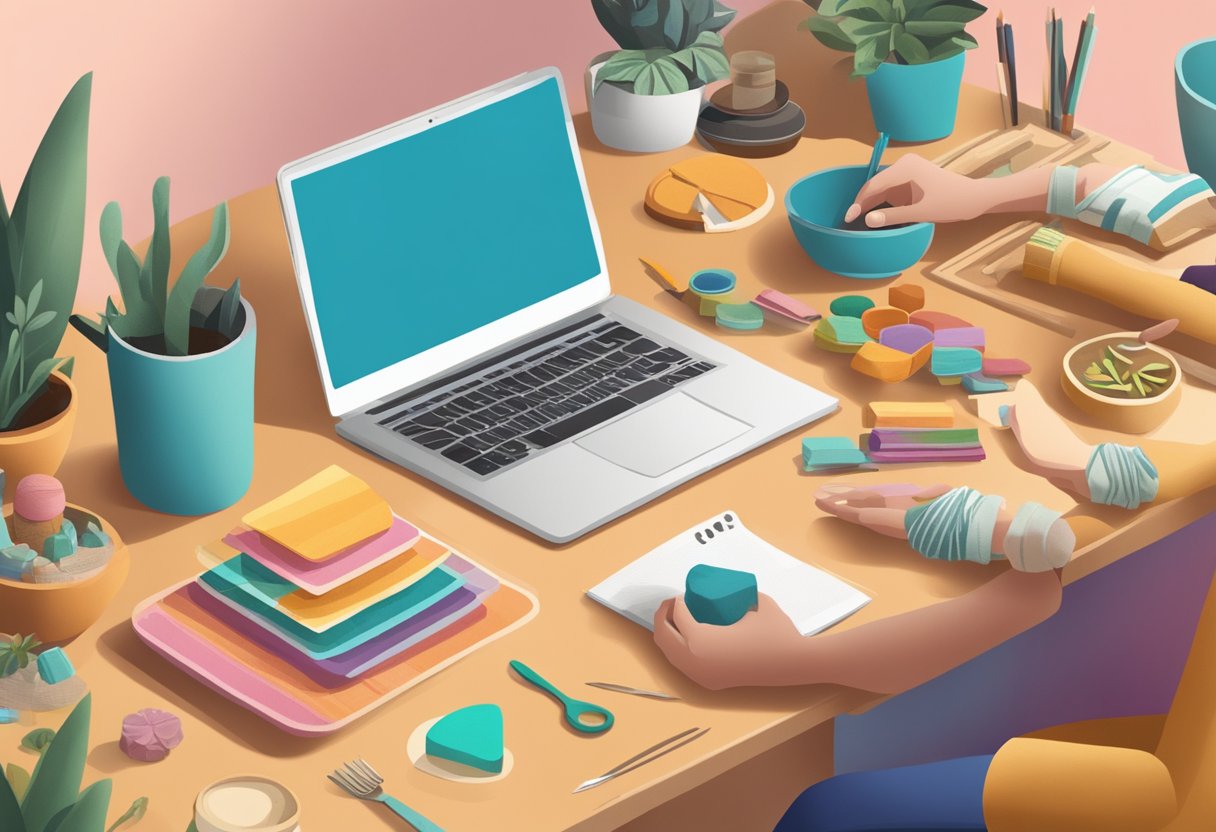 A young person setting up a table with handmade crafts, surrounded by colorful products and a laptop open to the Etsy website