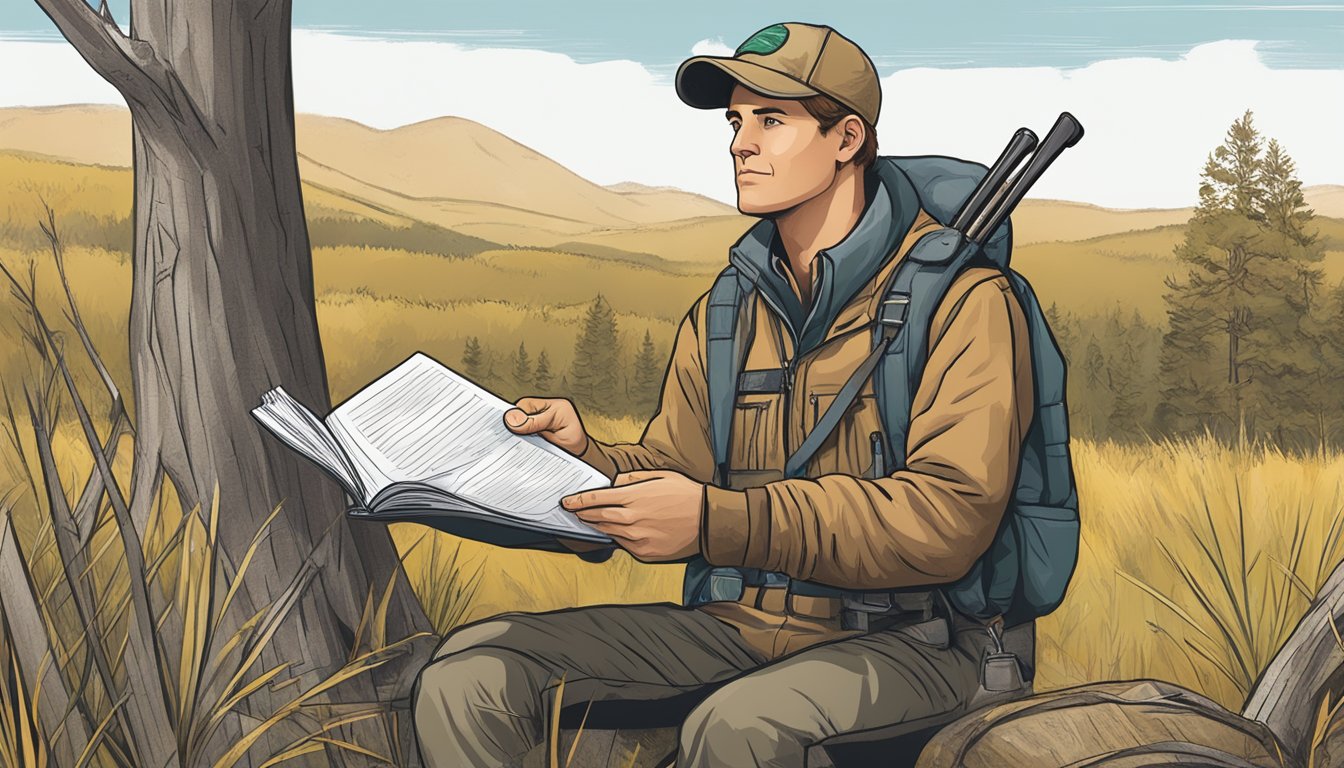 A hunter holds a license application while studying a guidebook