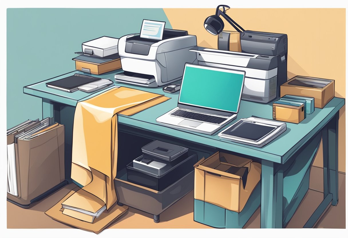 A desk with a computer, printer, and t-shirt transfer paper. A stack of blank t-shirts and a workspace with scissors and an iron