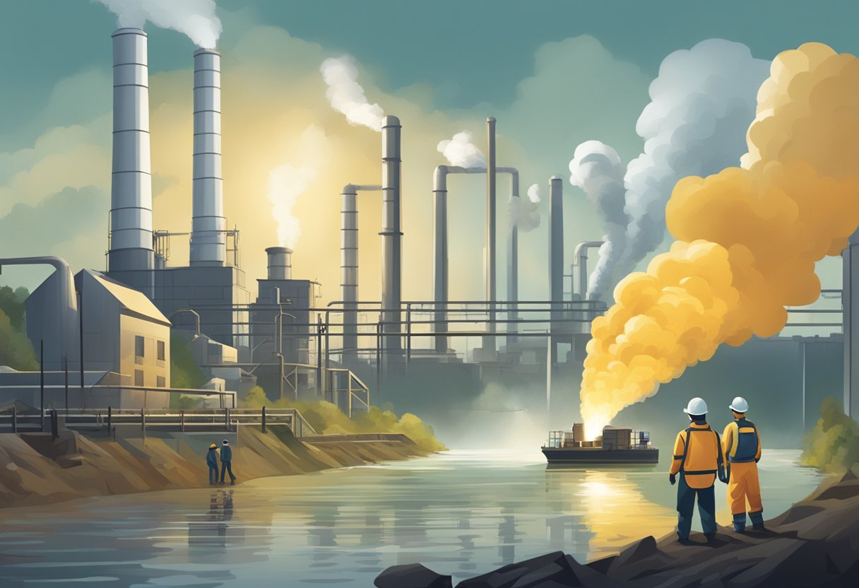 A factory emitting pollutants into the air near a river, with workers wearing protective gear