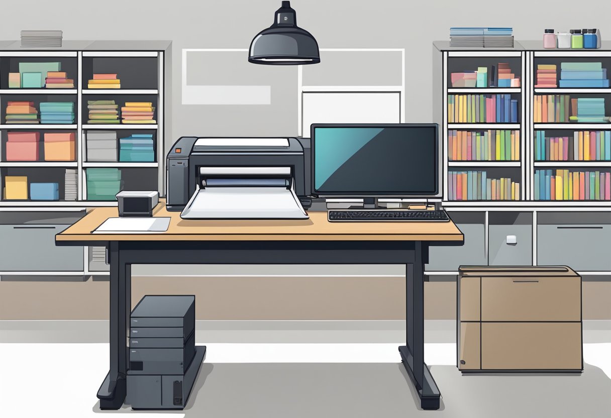 A table with a computer, printer, and heat press machine. Shelves hold blank t-shirts, ink, and transfer paper