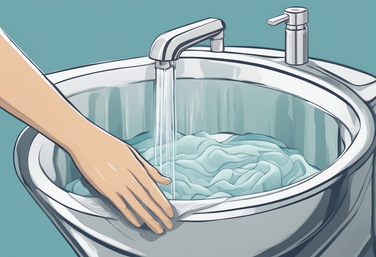 A person gently hand-washing a delicate viscose fabric garment in a basin of lukewarm water, using mild detergent and carefully wringing it out before laying it flat to dry