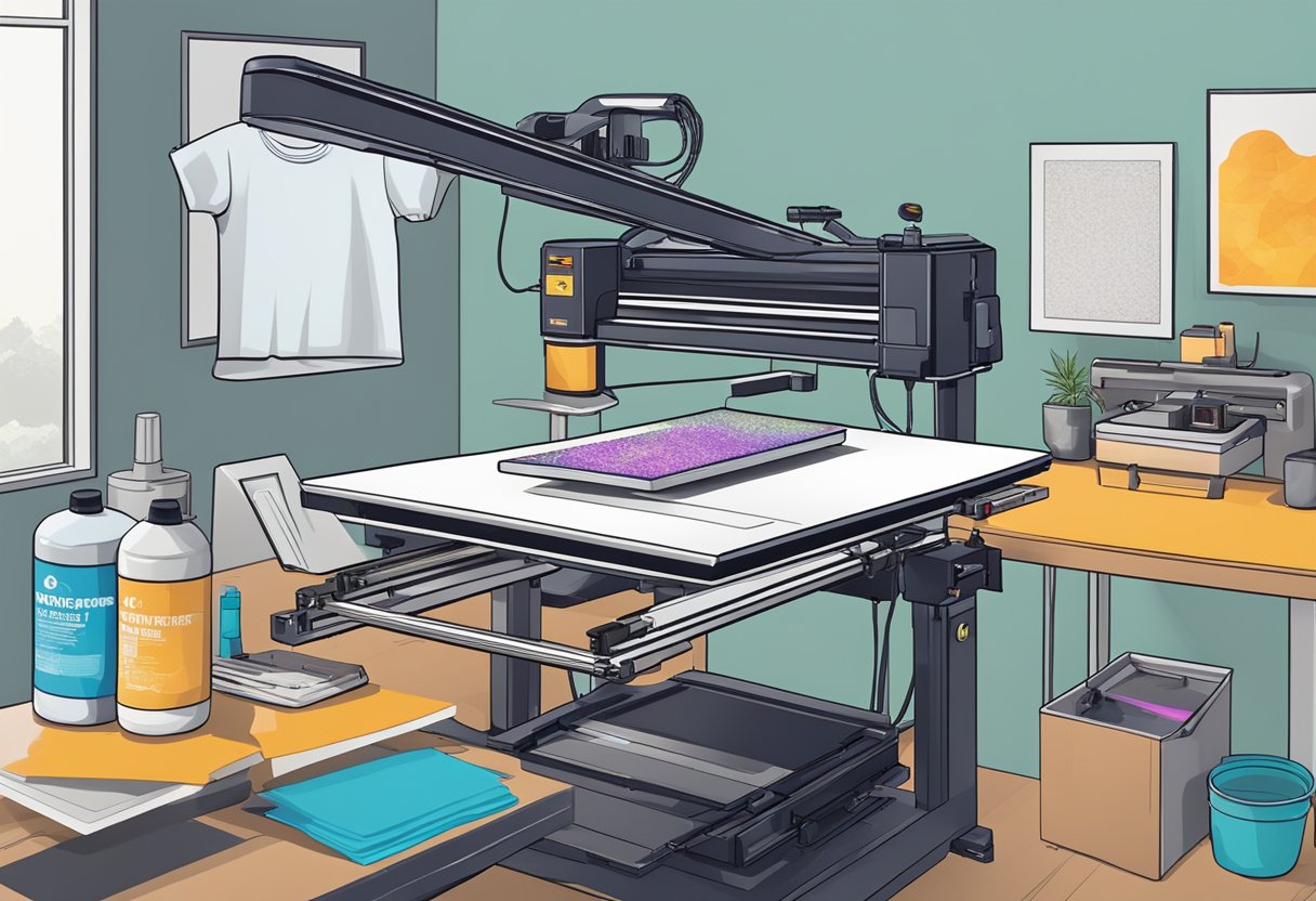 A table with a heat press, screen printing equipment, and a UV curing unit surrounded by t-shirts and ink supplies