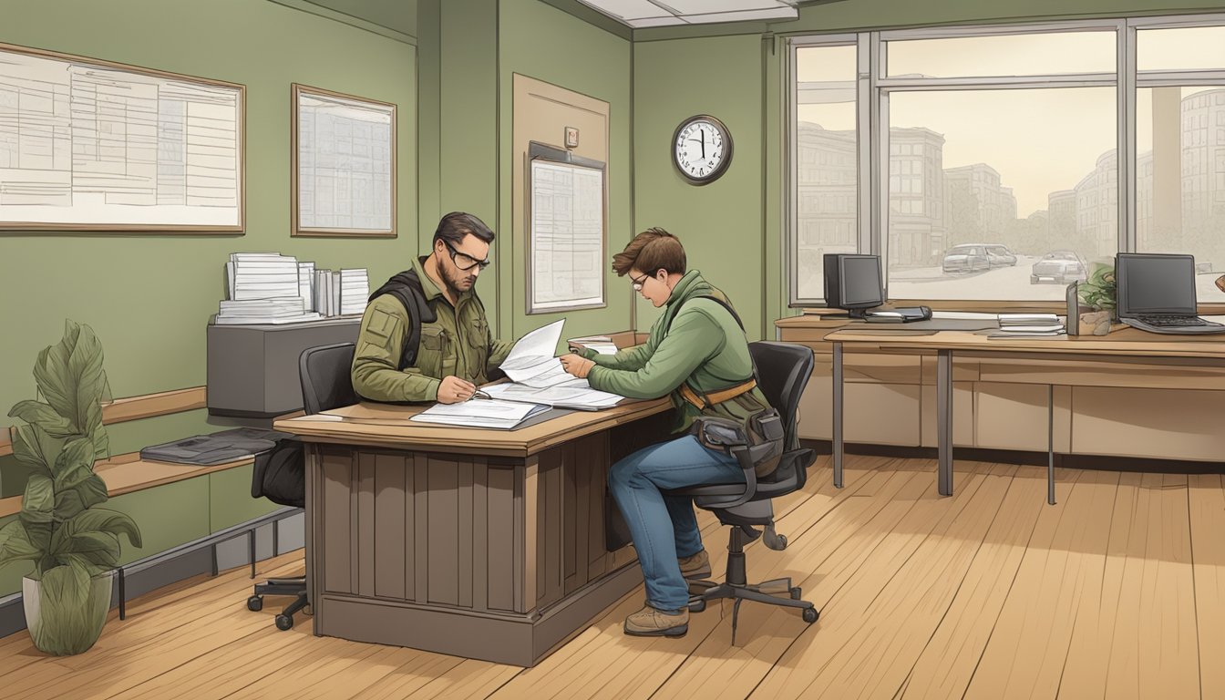 A hunter filling out a permit application at a government office with a clerk assisting