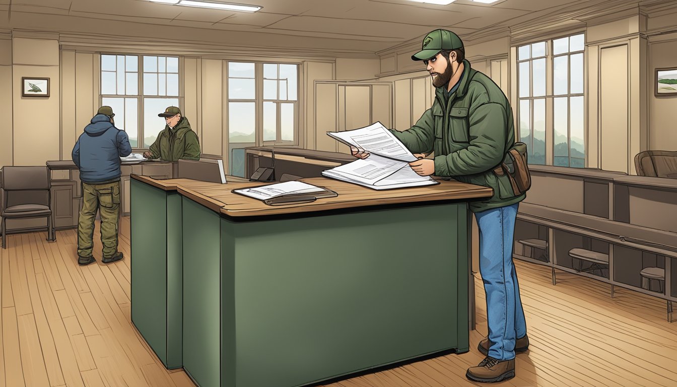 A hunter filling out a hunting license application at a Pennsylvania Game Commission office, with a guidebook open on the table