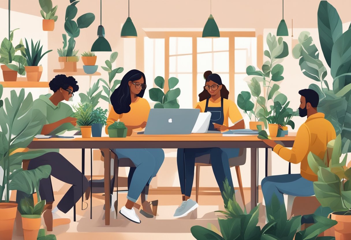 A group of diverse individuals working together on creative projects, surrounded by plants and tools. A sense of collaboration and growth is evident in the atmosphere