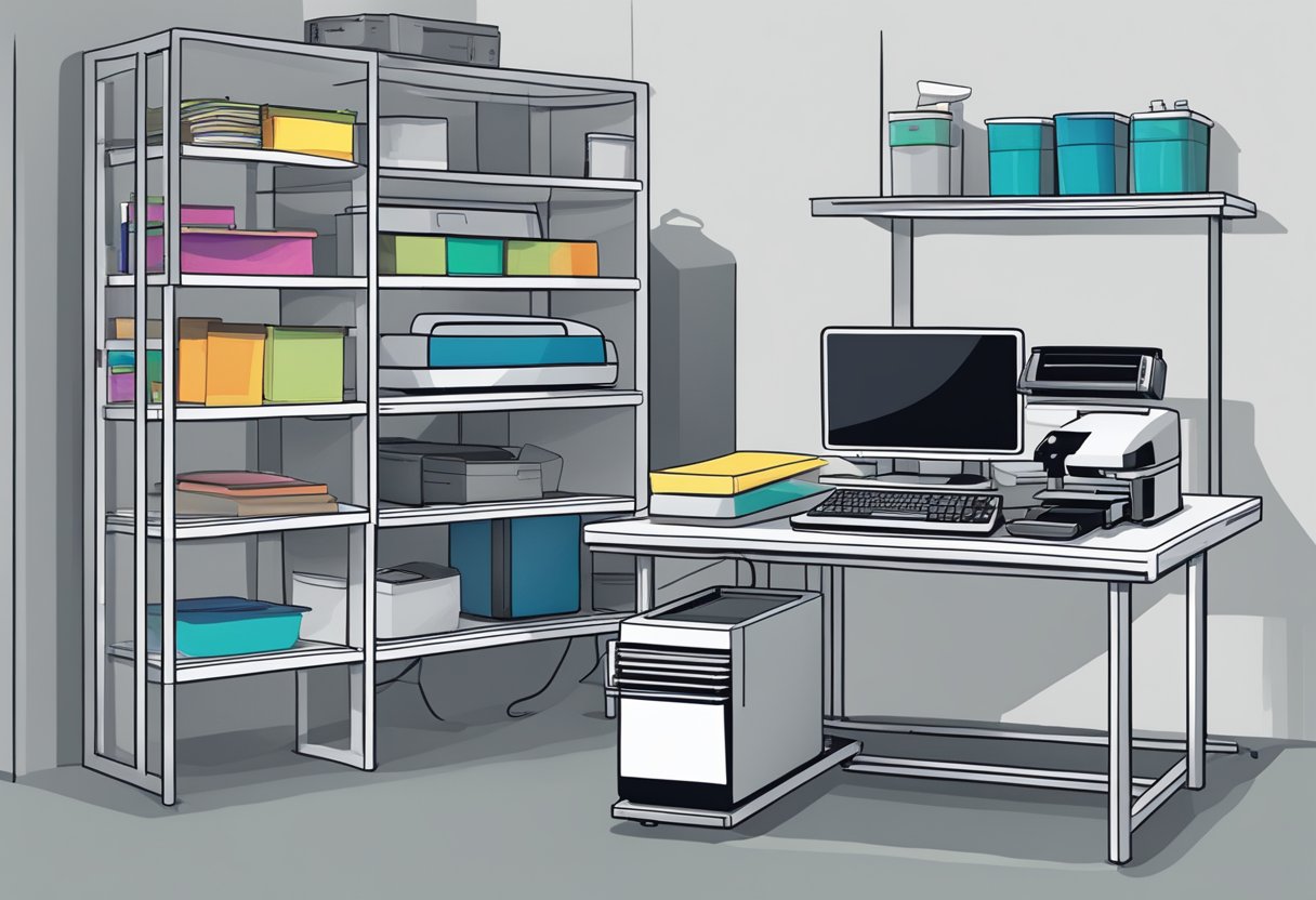 A table with a computer, printer, and heat press. Shelves hold ink, transfer paper, and blank t-shirts. A troubleshooting guide is open on the screen