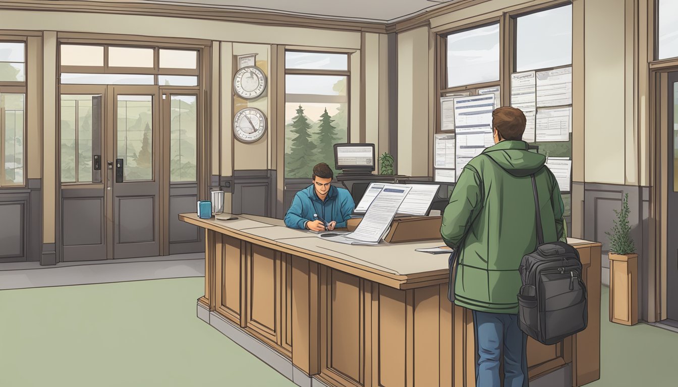 A person filling out a hunting license application at a government office counter