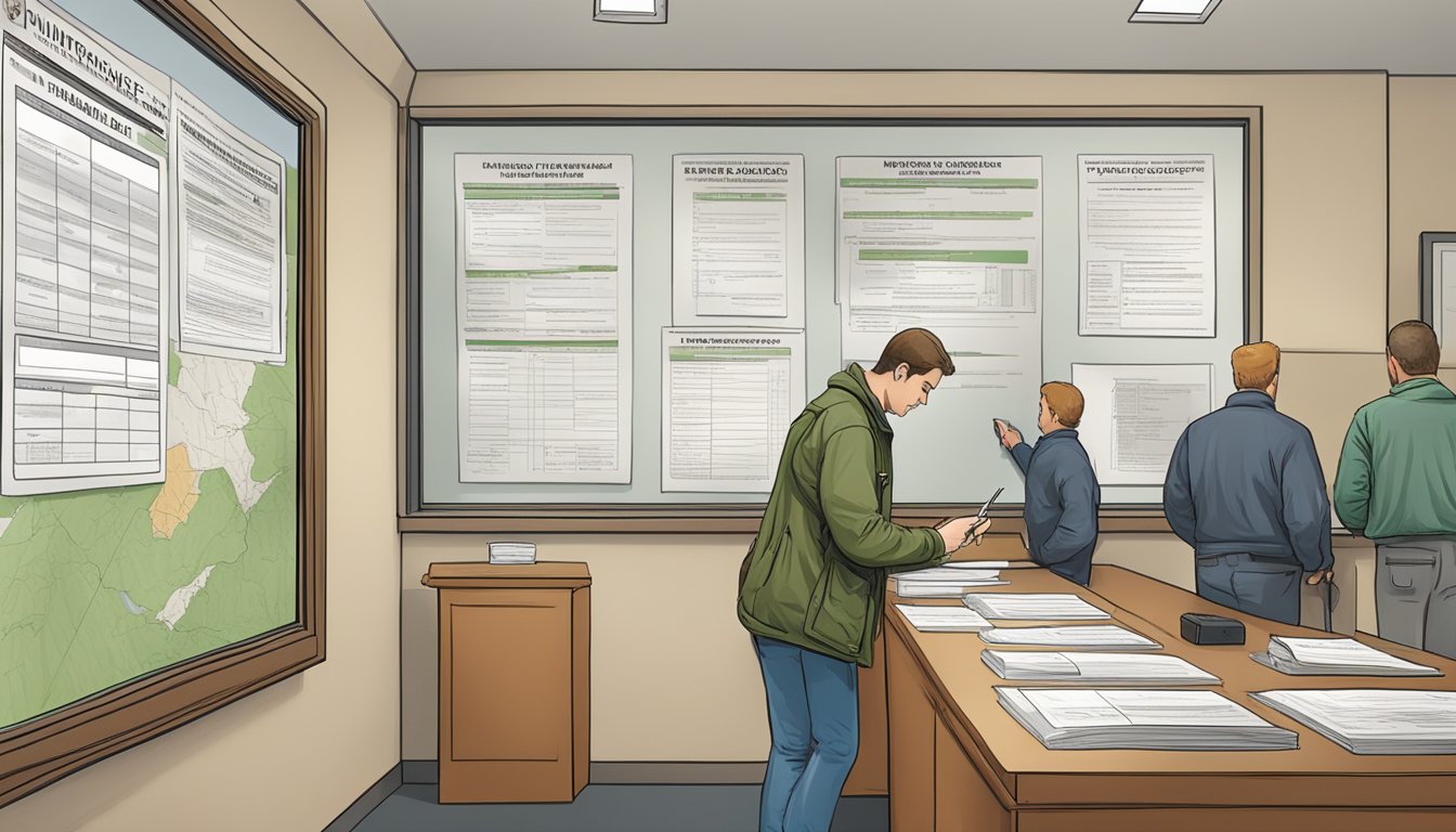 A person filling out a hunting license application at a Pennsylvania state office, with a step-by-step guide and eligibility requirements displayed on the wall