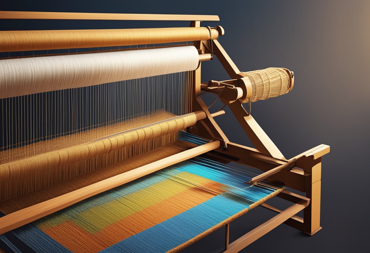 A loom weaving viscose fabric under dim lighting