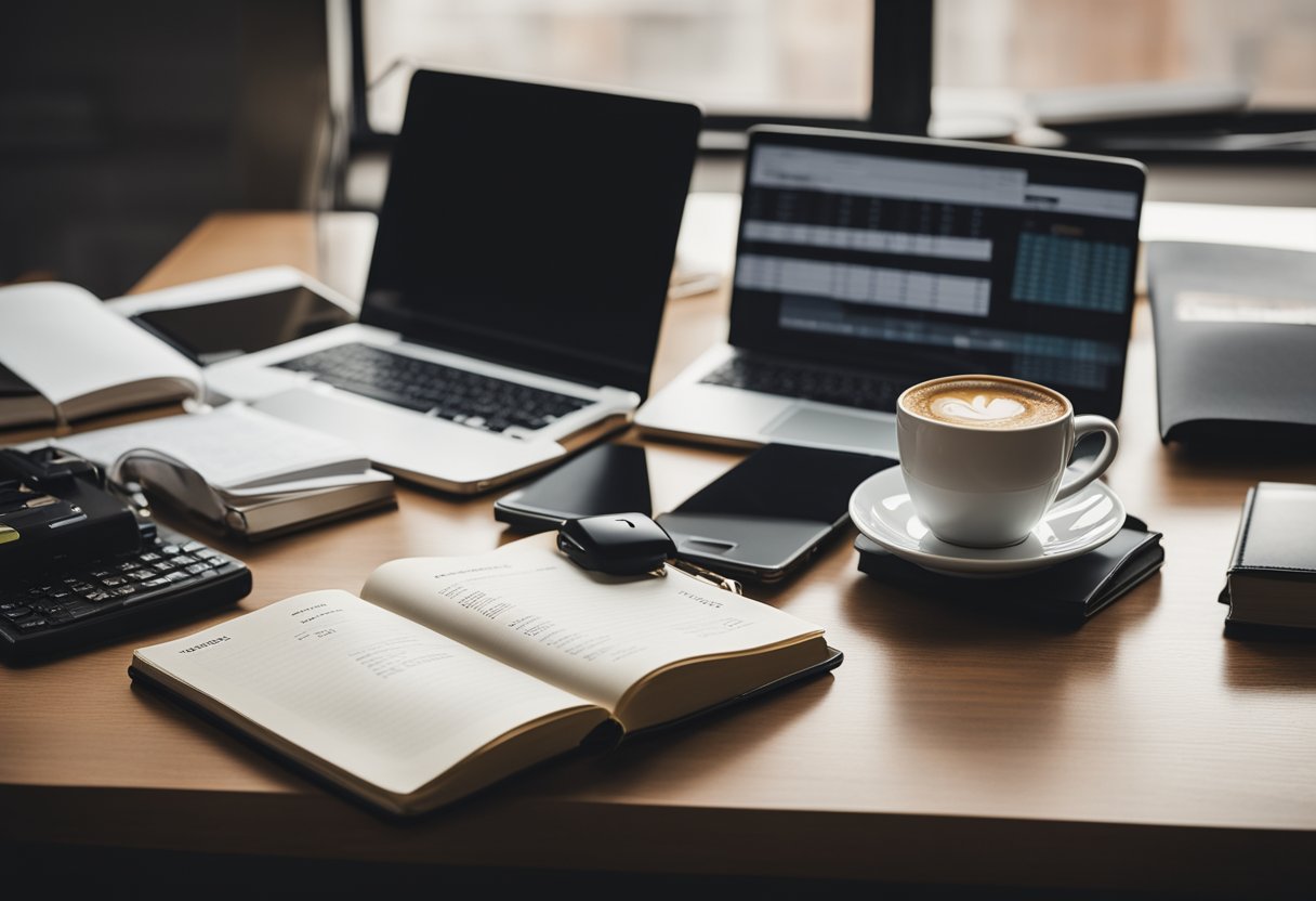 A cluttered desk with a laptop, notebook, and coffee mug. A phone with notifications and a calendar with marked dates. A stack of books on entrepreneurship