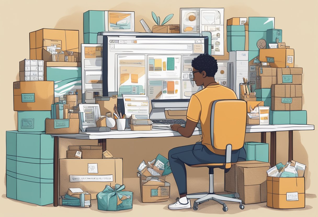 A person at a computer, surrounded by packaging materials and Etsy products, with a sign saying "Frequently Asked Questions: How old do you have to be to sell on Etsy?"