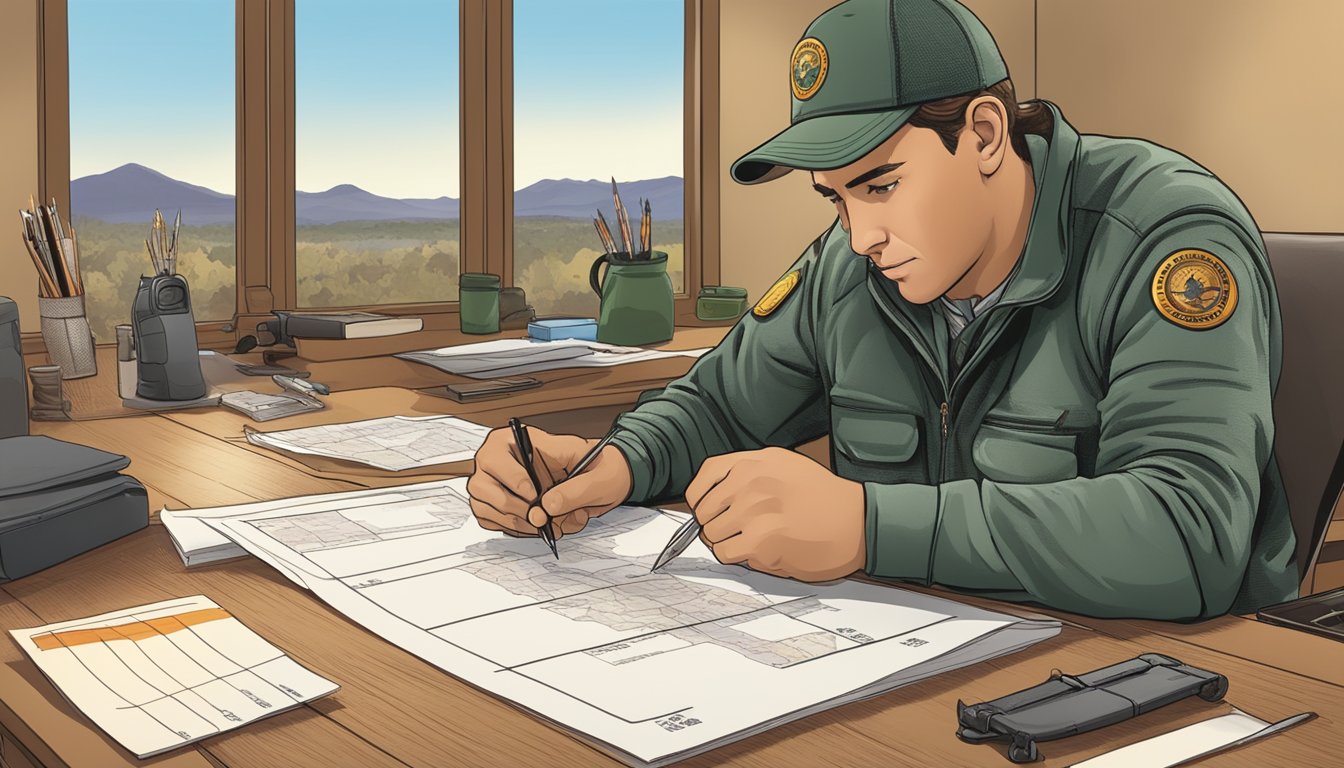 A hunter filling out a New Mexico hunting license application at a desk, with a state map and hunting gear in the background