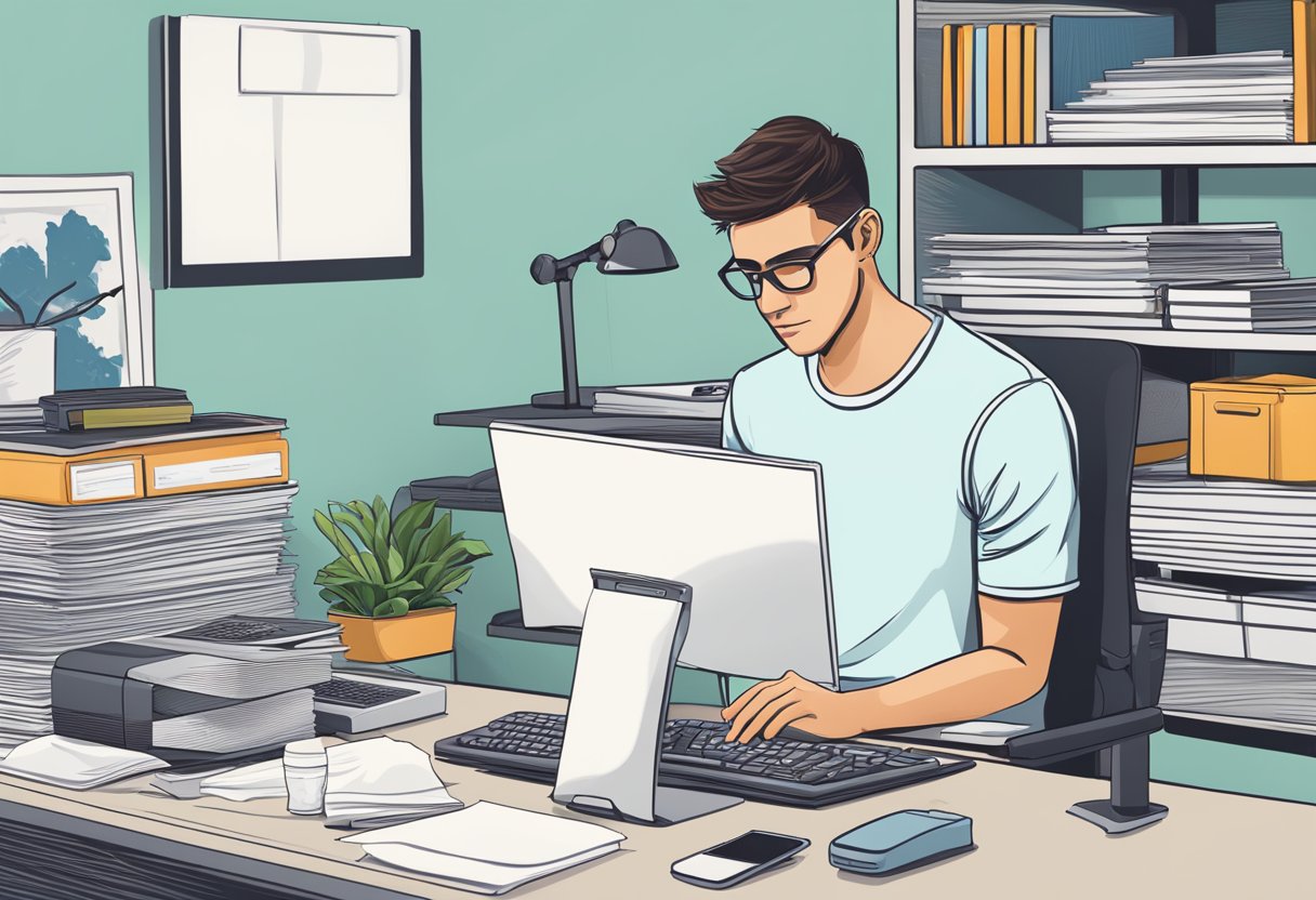 A person at a desk with a computer, printer, and stack of blank t-shirts