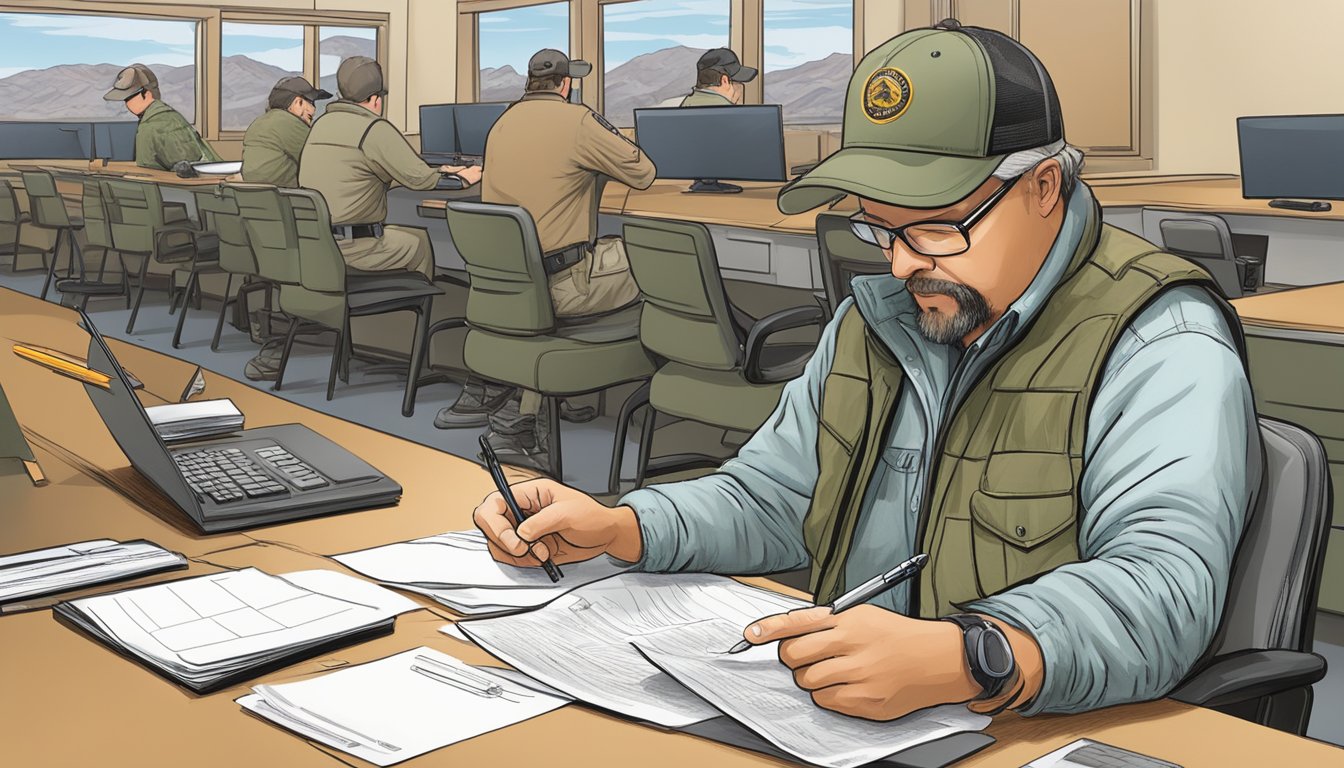 A person filling out a hunting license application at a New Mexico Department of Game and Fish office