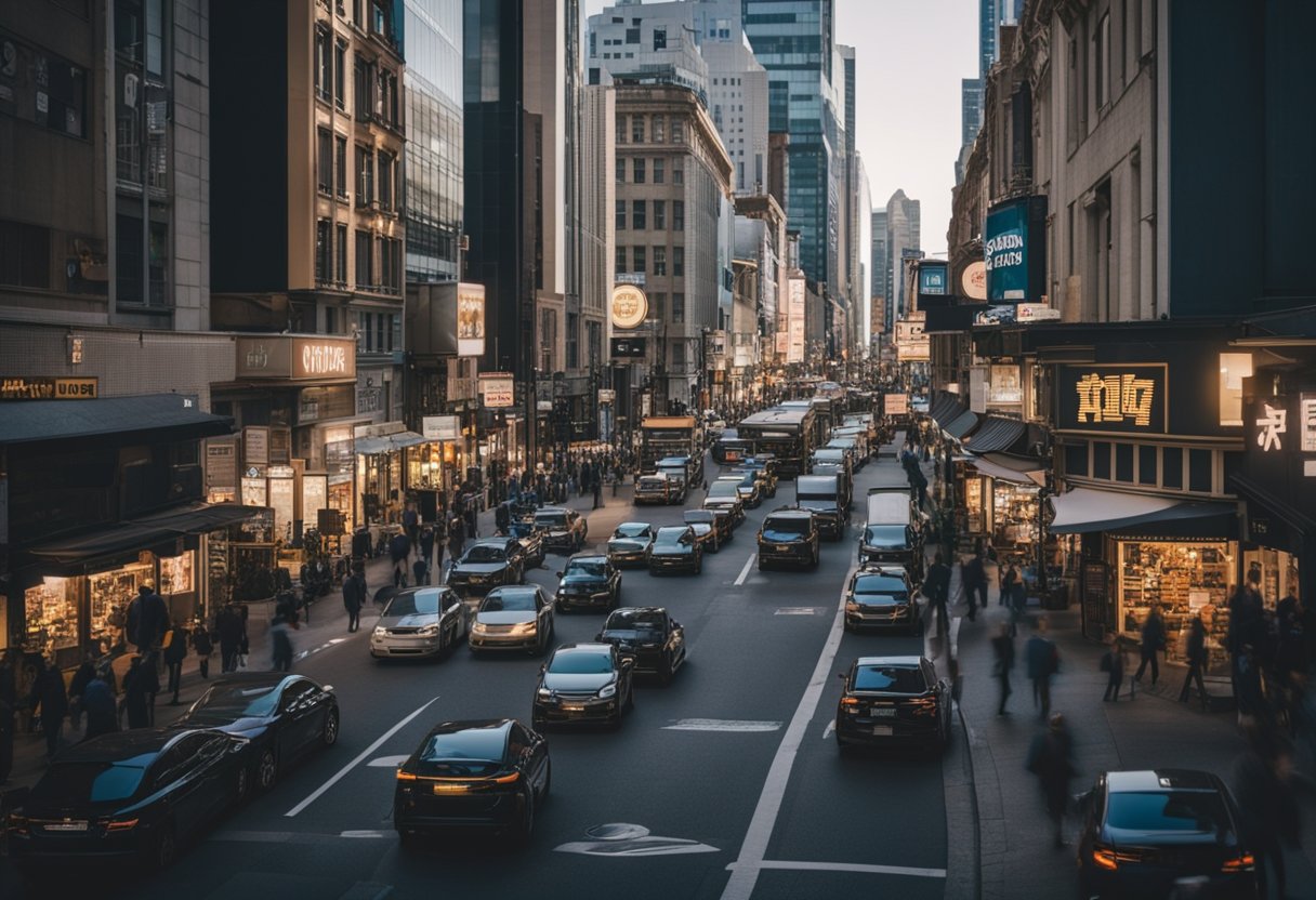 A bustling city street with various businesses and signs, showcasing different marketing strategies and side hustle tips