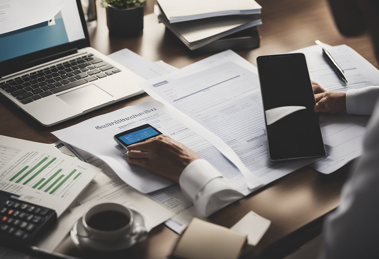 A person researching legal and financial documents with a laptop, calculator, and paperwork spread out on a desk